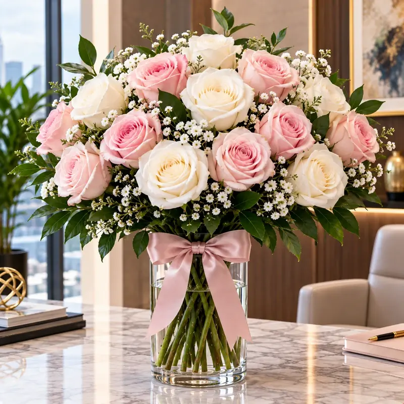 MJflowers Classic White & Pink Rose Executive Arrangement