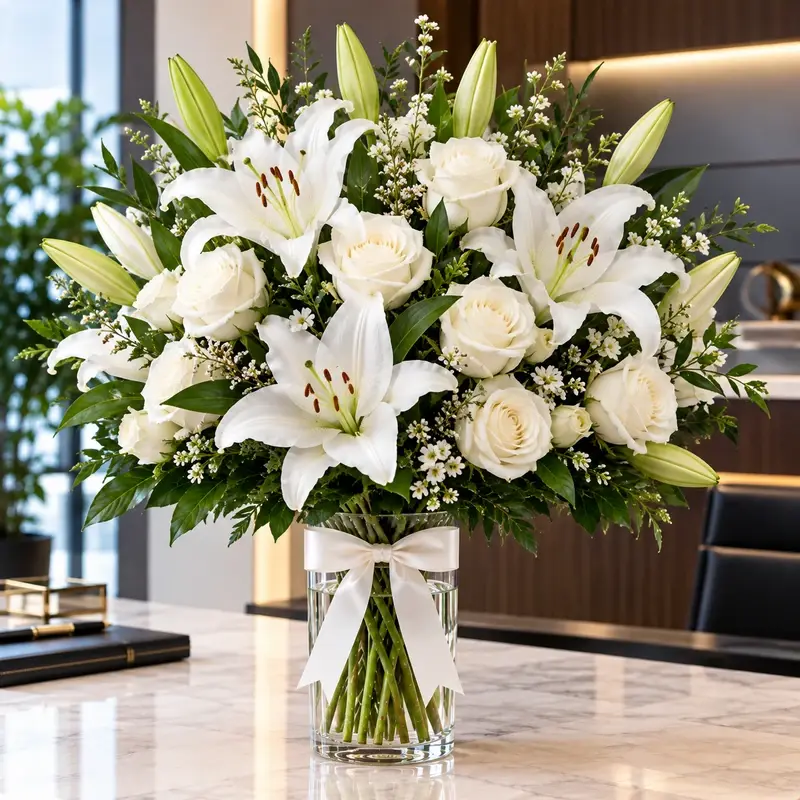 MJflowers Executive Elegance White Lily and Rose Arrangement