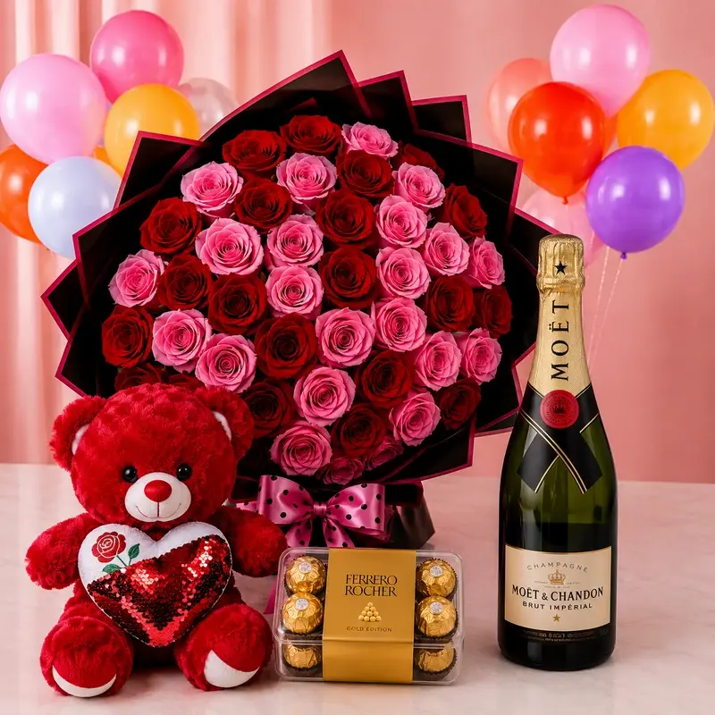 MJflowers Premium Moët & Chandon Champagne Red Rose Hamper