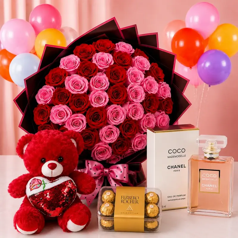 MJflowers Red Roses Coco Chanel Mademoiselle Bear Ferrero Rocher package