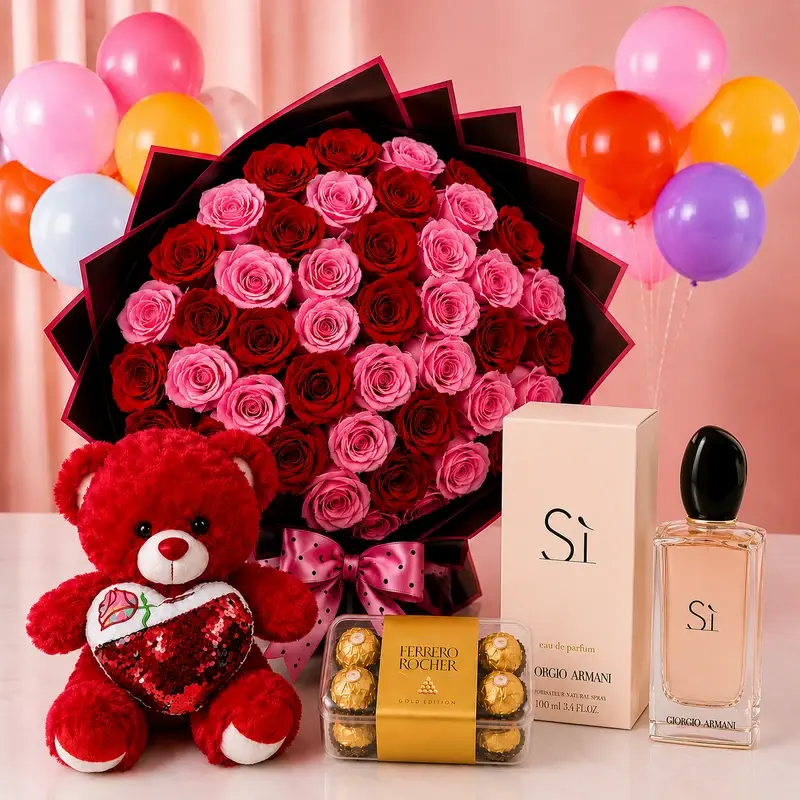 MJflowers Red Roses Giorgio Armani SI EDP Bear Ferrero Rocher package