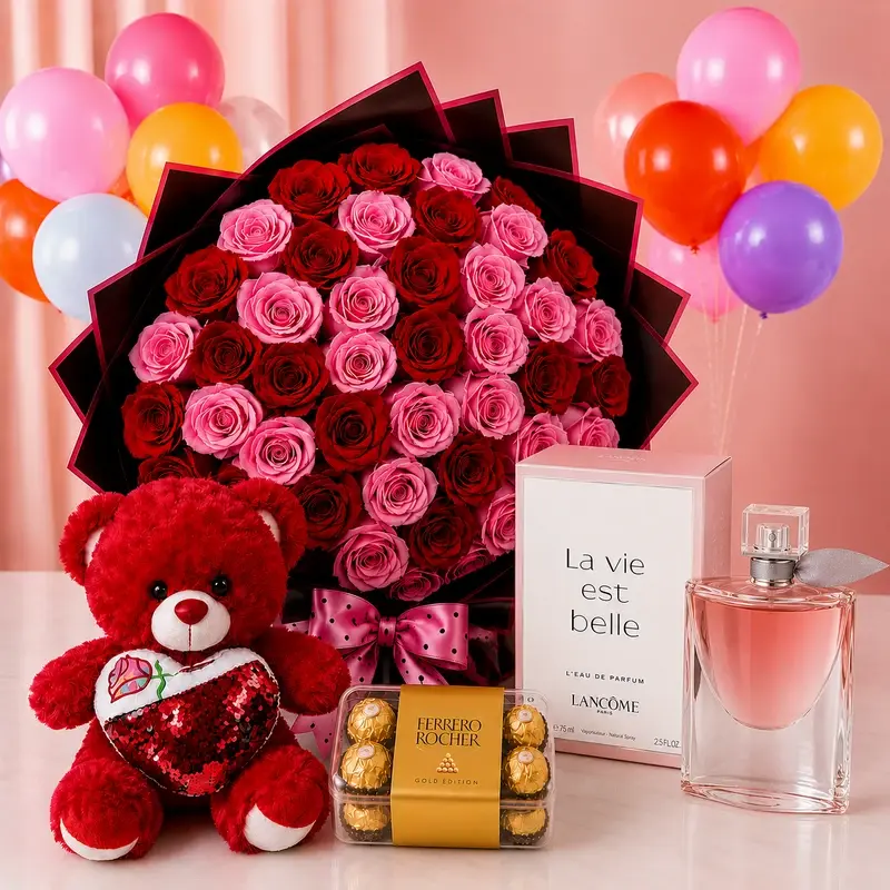 MJflowers Red Roses La Vie Est Belle EDP 75ml Bear Ferrero Rocher package