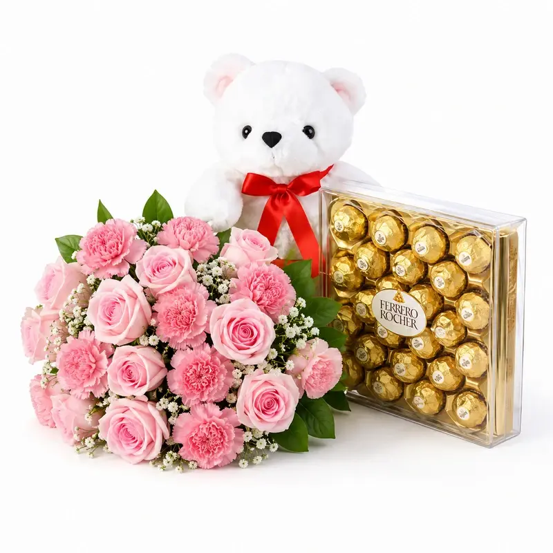 MJflowers Soft Pink Roses, Teddy Bear and Ferrero Rocher Chocolates