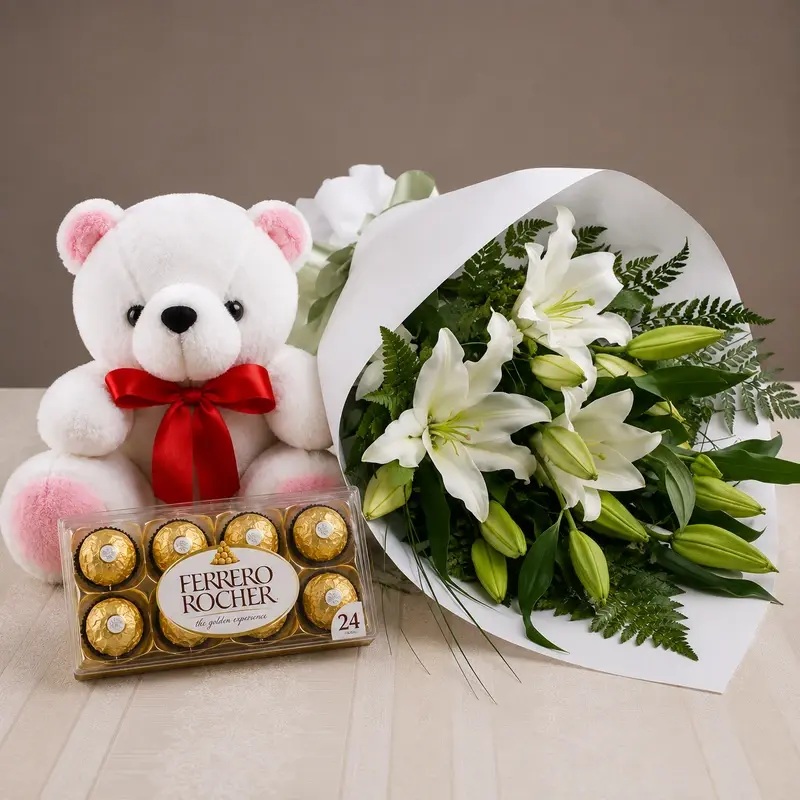 MJflowers White Lilies,Teddy Bear and Ferrero Rocher Chocolates