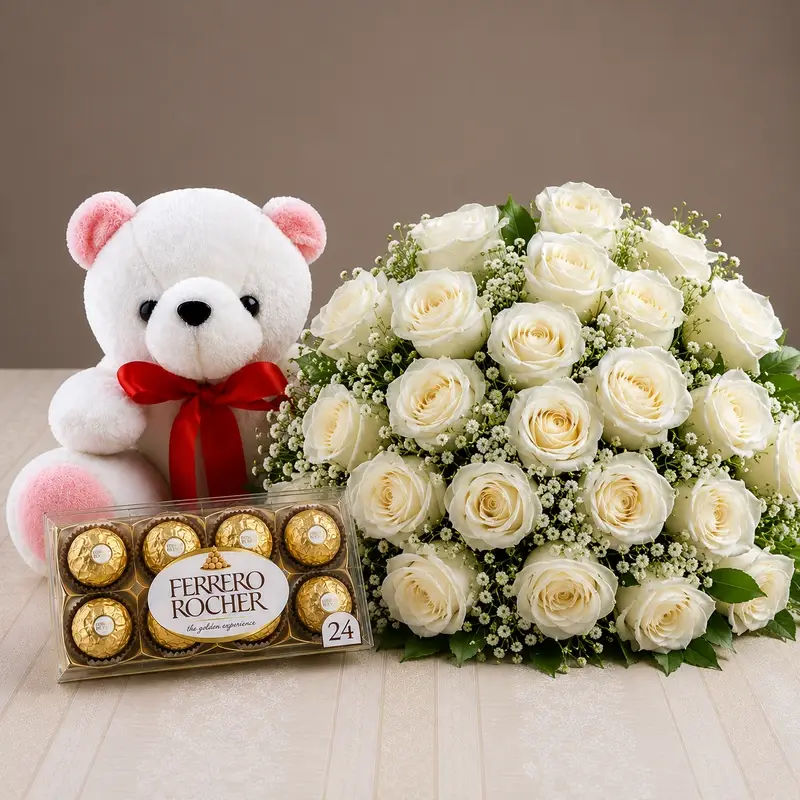 MJflowers White Roses, Teddy Bear and Ferrero Rocher Chocolates