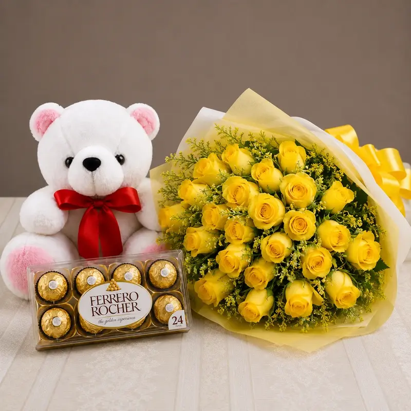 MJflowers Yellow Roses, Teddy Bear and Ferrero Rocher Chocolates