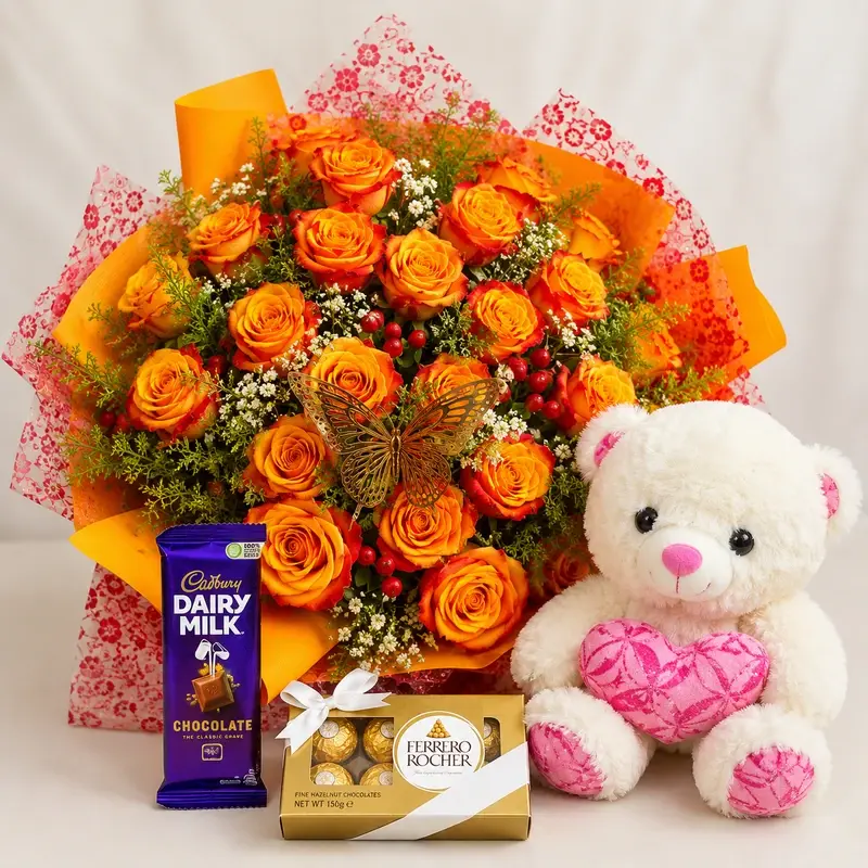 MJflowers Yellow & Vivid Orange Roses, teddy bear and chocolates