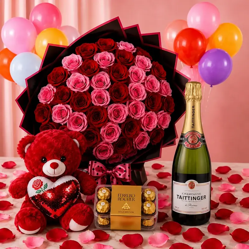 Blooms, Bears & Taittinger Brut hamper image by MJflowers