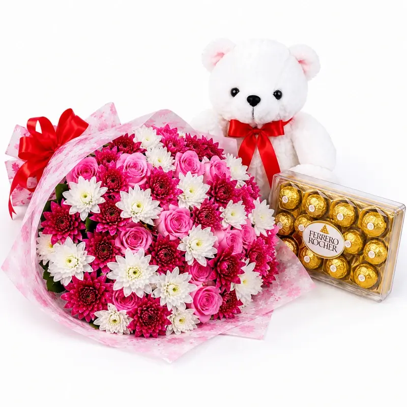 Mixed Bright Bouquets Carnations & roses Teddy bear and chocolate image by MJflowers