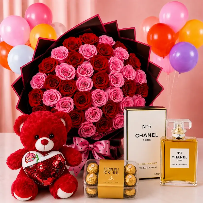 Red Roses Chanel No. 5 EDP Bear Ferrero Rocher package image by MJflowers