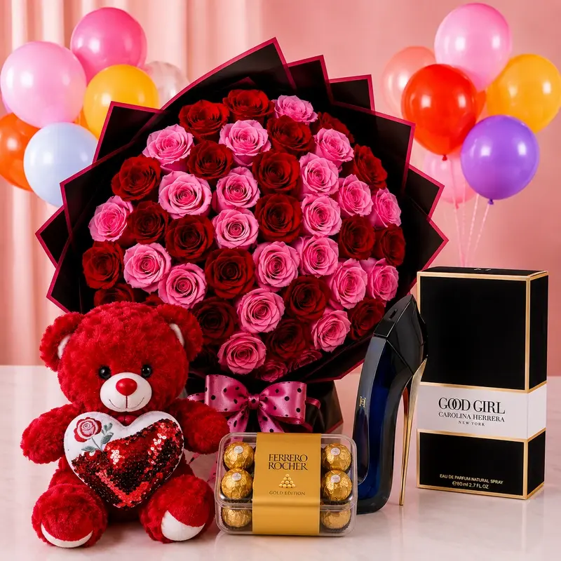 Red Roses Good Girl Eau de Parfum 80ml Bear Ferrero Rocher package image by MJflowers