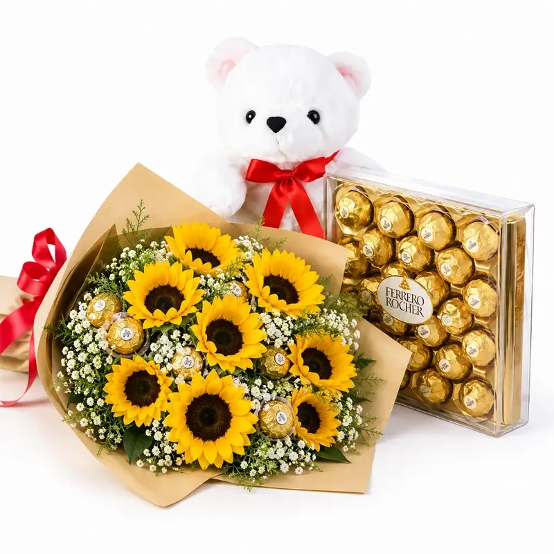 Sun flower with teddy bear and Ferrero Rocher chocolates image by MJflowers